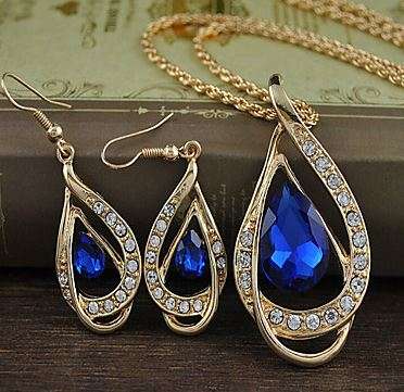 Double Layer Crystal Water Drop Shaped Jewellery Set - Blue