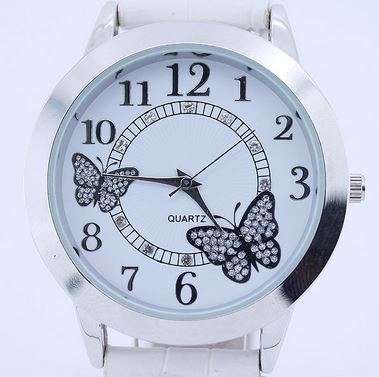 White Crystal Diamond Butterfly Ladies Leather Wrist Watch