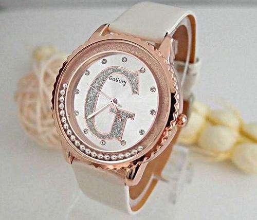 Exquisite GOGEY Ladies Crystal Wrist Watch With Rolling Beads - White