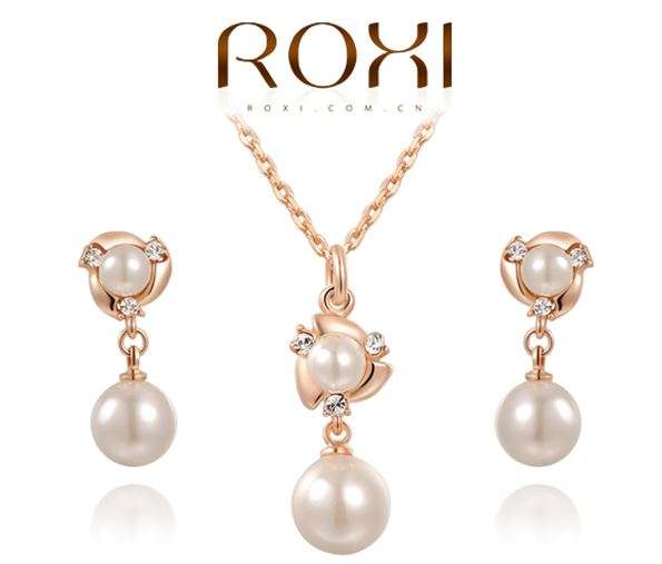ROXI - Elegant Ladies Pearl Inlay Diamante Jewellery Set - Rose Gold