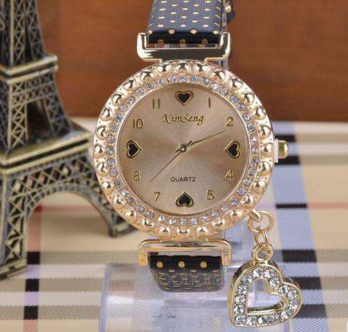 Ladies Leather Wrist Watch with Crystal Heart Pendant