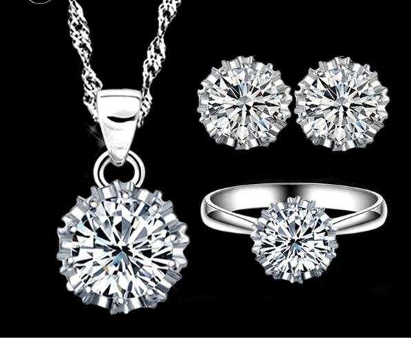 Elegant Silver Crystal 3 Piece Jewellery Set - Ring size 7