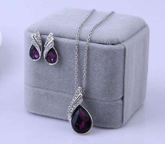 Equisite Sterling Silver Double Layer Purple Crystal Teardrop Shaped Juwellery Set