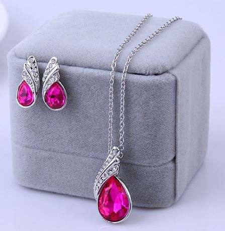 Equisite Sterling Silver Double Layer Pink Crystal Teardrop Shaped Juwellery Set