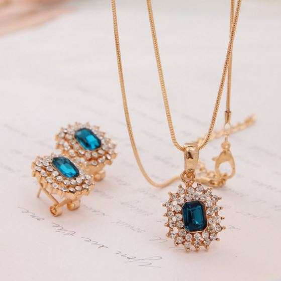 Luxury Ladies Rose Gold Aqua Austrian Crystal Jewellery Set