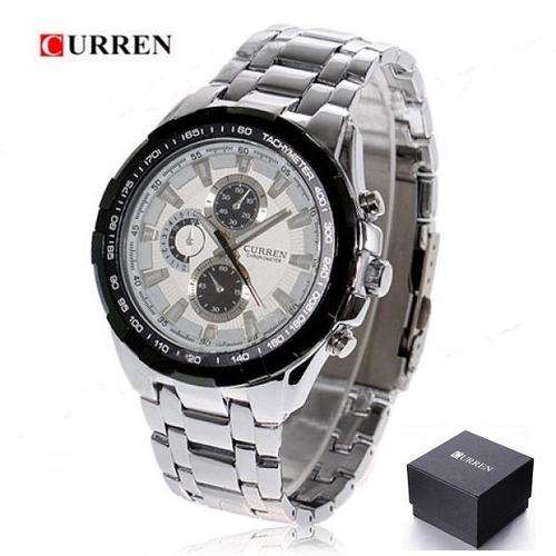 Elegant CURREN Military Mens Quartz Wrist Watch With Stainless Steel Strap - Silver, Black & White