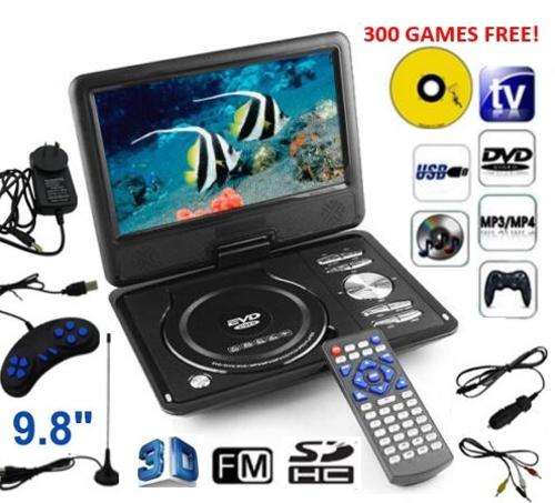 9.8" 3D DVD Player, TV, Radio, Joystick, Remote, MP3 & MP4, USB, etc. & FREE DISK WITH 300 GAMES