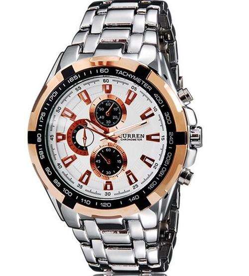 Elegant CURREN Military Mens Quartz Wrist Watch With Stainless Steel Strap - Silver, White & Gold