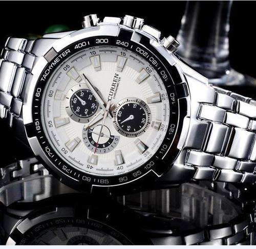 Elegant CURREN Military Mens Quartz Wrist Watch With Stainless Steel Strap - Silver, Black & White