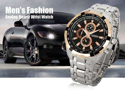 Elegant CURREN Military Mens Quartz Wrist Watch With Stainless Steel Strap - Silver, Black & Gold