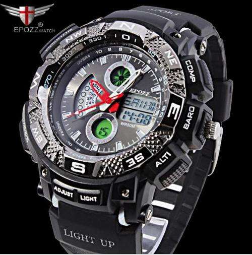 Elegant EPOZZ CHRONOGRAPH Military Mens Wrist Watch - Analog and Digital, Black & White