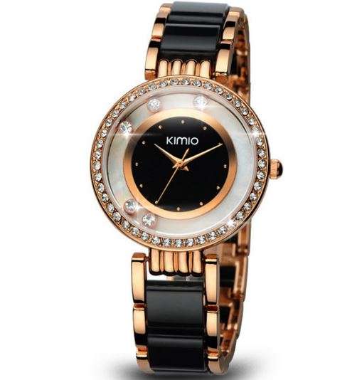Elegant Ladies Stainless Steel Black & Gold KIMIO Diamante Wrist Watch - Perfect Christmas Gift