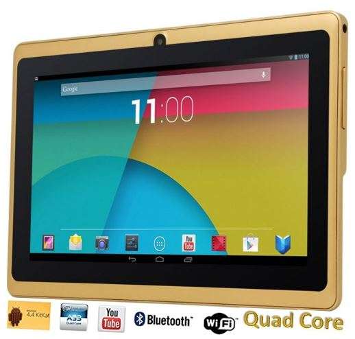 7" Quad Core Android 4.4. Tablet PC, Dual Cameras, Wi-Fi, Bluetooth, 8 GB, Touch Screen - Gold