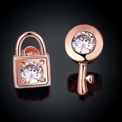 Elegant Rosegold Lock & Key Earrings with Cubic Zirconia Stones by Roxi
