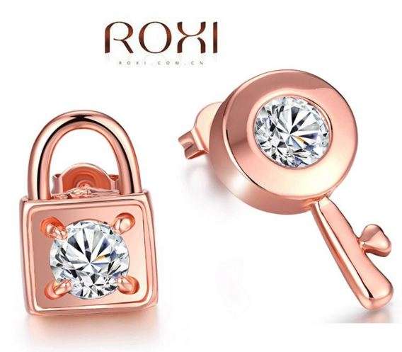 Elegant Rosegold Lock & Key Earrings with Cubic Zirconia Stones by Roxi