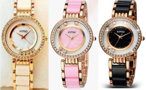 Elegant Ladies Stainless Steel KIMIO Diamante Wrist Watch in Gold with Pink, White or Black