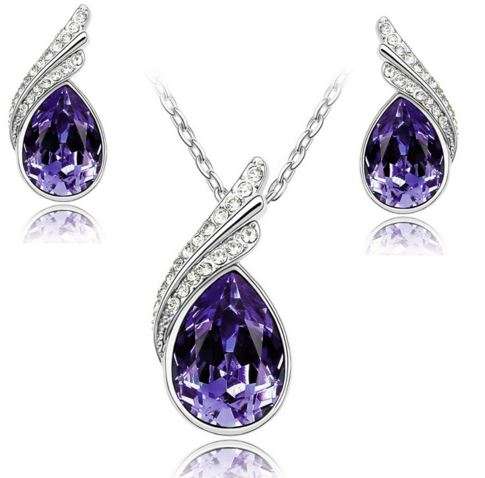 Equisite Platinum Plated Crystal Water drop Shaped Juwellery Set in Lilac, Pink, Purple & Brown