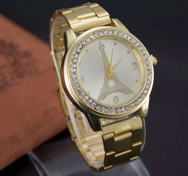 Elegant Paris Eiffel Tower Golden Stainless Steel Rhinestone Ladies Wrist Watch