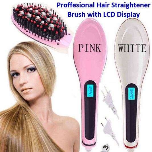 Professional Electric Hair Straightener Brush with LCD Display in White or Pink