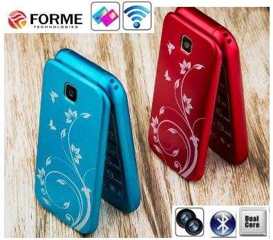 Flip Phone with Cool Flower Print, Bluetooth, Dual Sim, Camera, Wi-Fi, MP3 etc. in Funcky Blue & Red