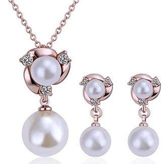 Elegant Ladies 18K Yellow Gold Plated Pearl Inlay Jewellery Set With Cubic Zirconia Stones