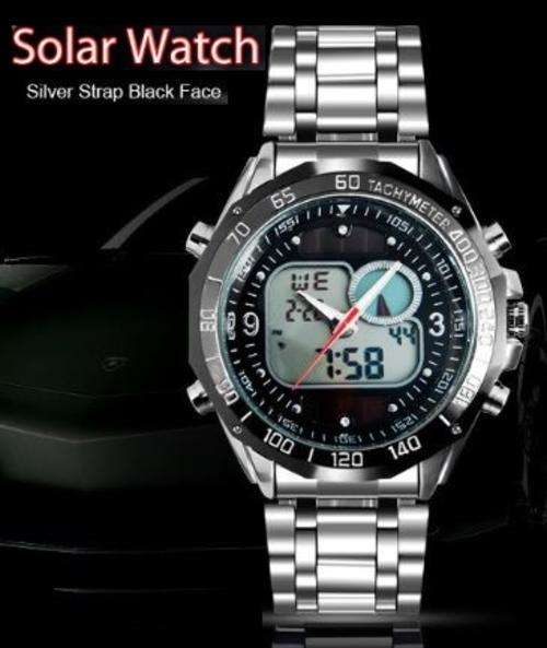Elegant Military Mens Dual Solar Wrist Watch With Stainless Steel Strap - Black
