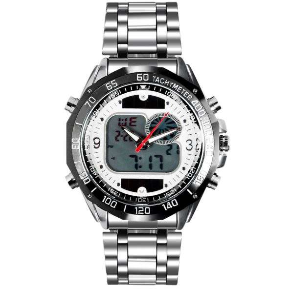 Elegant Military Mens Dual Solar Wrist Watch With Stainless Steel Strap - White