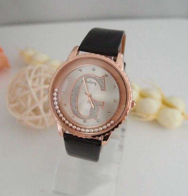 Luxury Ladies Gogoey Leather Quartz Wrist Watch With Rolling Beads in Black