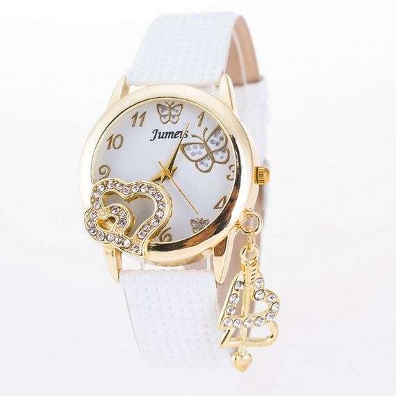 Luxury Ladies White Leather Heart Pendant Wrist Watch - Erkek Saat