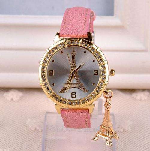 Luxury Ladies Leather Eiffel Tower Quartz Wrist Watch With Eiffel Tower Pendant in PINK