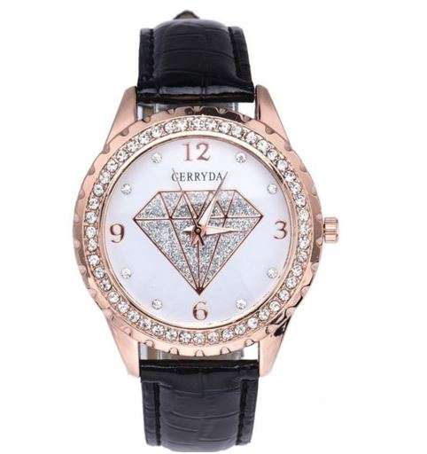 Elegant GERRYDA Ladies Leather Crystal Diamond Shaped Quartz Wrist Watch - BLACK