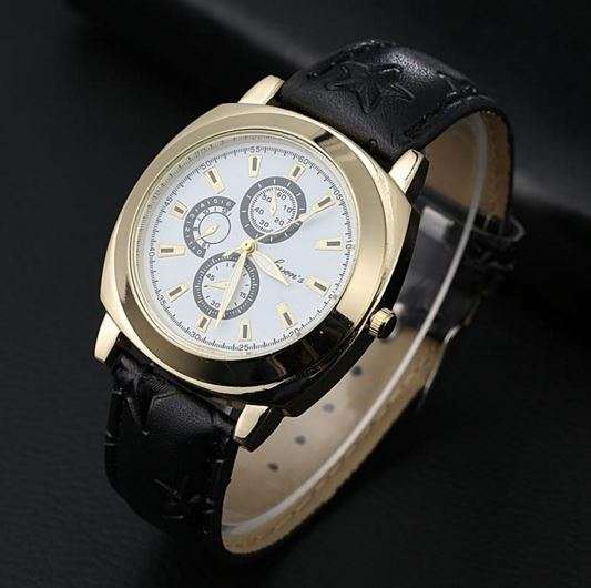Elegant Mens SEVENS Business Wrist Watch With Star Printed Leather Strap In Black