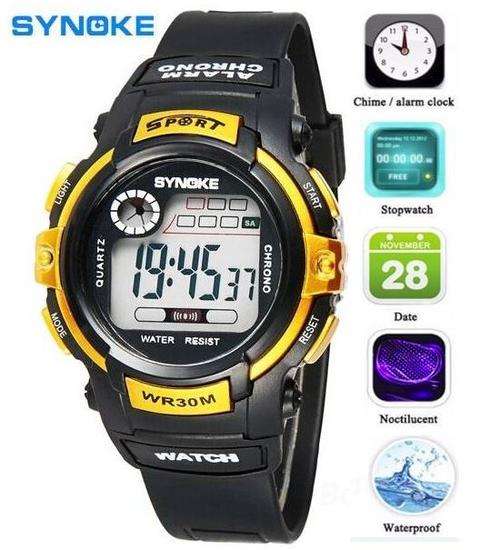 SYNOKE Chrono LED Sports Waterproof Wrist Watch, Date & Time, Alarm, Stopwatch etc - GOLD