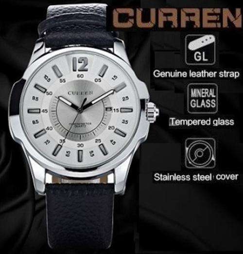 Elegant CURREN 8123 Military Mens Quartz Wrist Watch With Stainless Steel Strap - White & Silver