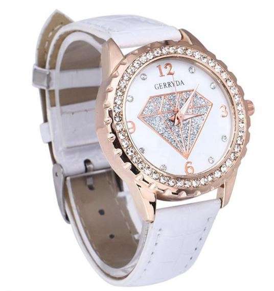 Elegant GERRYDA Ladies Leather Crystal Diamond Shaped Quartz Wrist Watch - WHITE