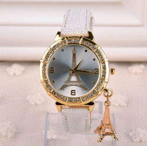 Luxury Ladies Leather Eiffel Tower Quartz Wrist Watch With Eiffel Tower Pendant in White