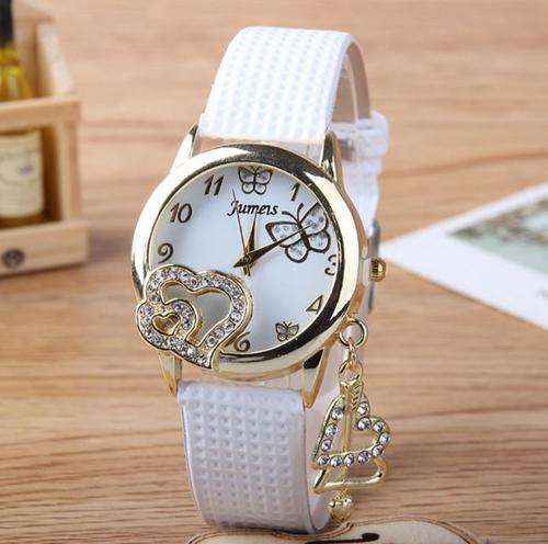 Luxury Ladies White Leather Heart Pendant Wrist Watch by Erkek Saat