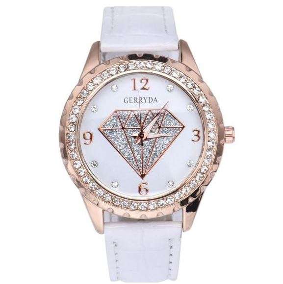 Elegant GERRYDA Ladies Leather Crystal Diamond Shaped Quartz Wrist Watch - Rosegold & White