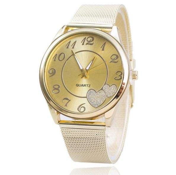 Luxury Golden Twin Heart Ladies Quartz Wrist Watch With Mesh Strap by Reloj Mujer