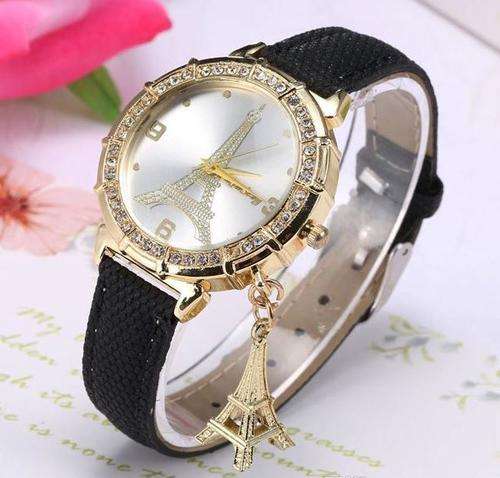 Luxury Ladies Leather Eiffel Tower Quartz Wrist Watch With Eiffel Tower Pendant in Black