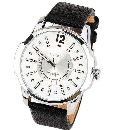 Elegant CURREN 8123 Military Mens Quartz Wrist Watch With Leather Strap - White & Silver