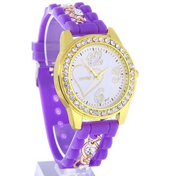 Elegant Ladies Crystal Quartz Heart Design Wrist Watch With Durable Silicone Strap in Purple