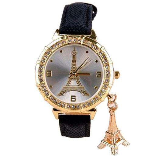 Luxury Ladies Leather Eiffel Tower Quartz Wrist Watch With Eiffel Tower Pendant in Black
