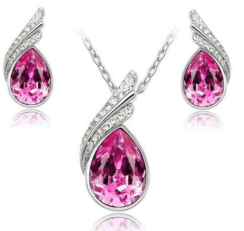 Equisite Platinum Plated Crystal Water drop Shaped Juwellery Set in Pink