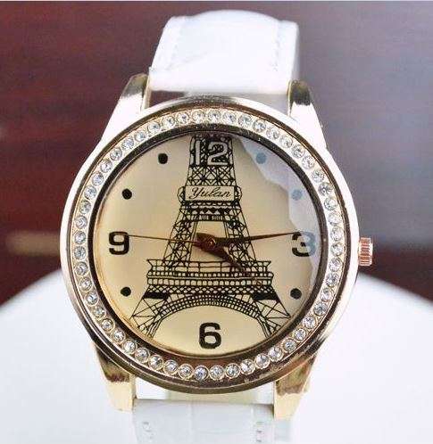 Luxury Leather Paris Eiffel Tower Inprint Crystal Ladies Wrist Watch In White