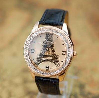 Luxury Leather Paris Eiffel Tower Inprint Crystal Ladies Wrist Watch In Black and Rosegold
