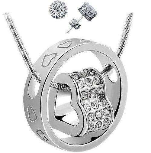 Elegant Sterling Silver Heart & Ring Pendant Juwellery Set made with Swarovski Elements