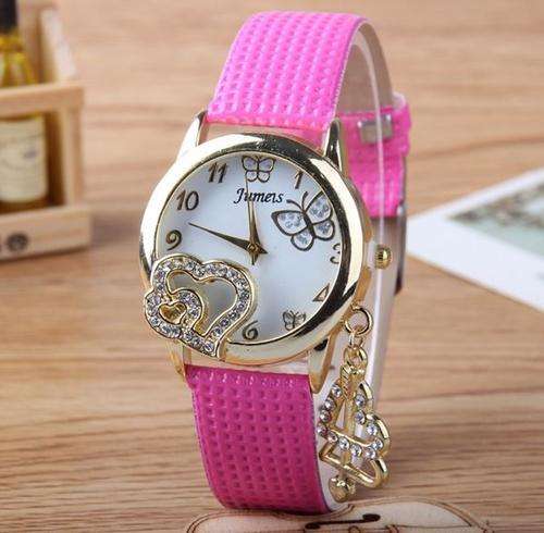 Elegant Ladies Leather Heart Pendant Quartz Wrist Watch in Pink