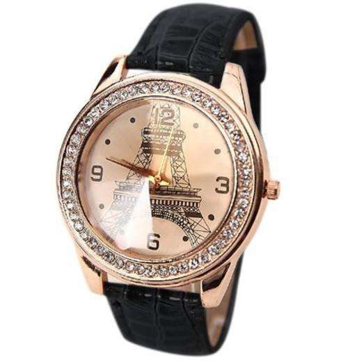 Luxury Leather Paris Eiffel Tower Inprint Crystal Ladies Wrist Watch In Black and Rosegold