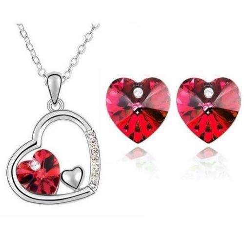 Elegant 18K White Gold Plated Floating Heart Love Juwellery Set With Austrian Crystals in RED